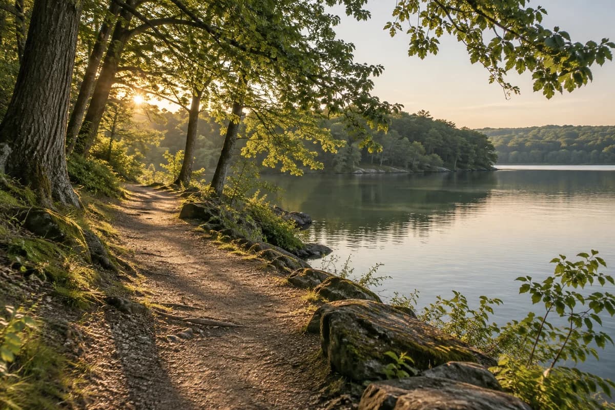 A quiet lakeside path beneath trees in warm evening light